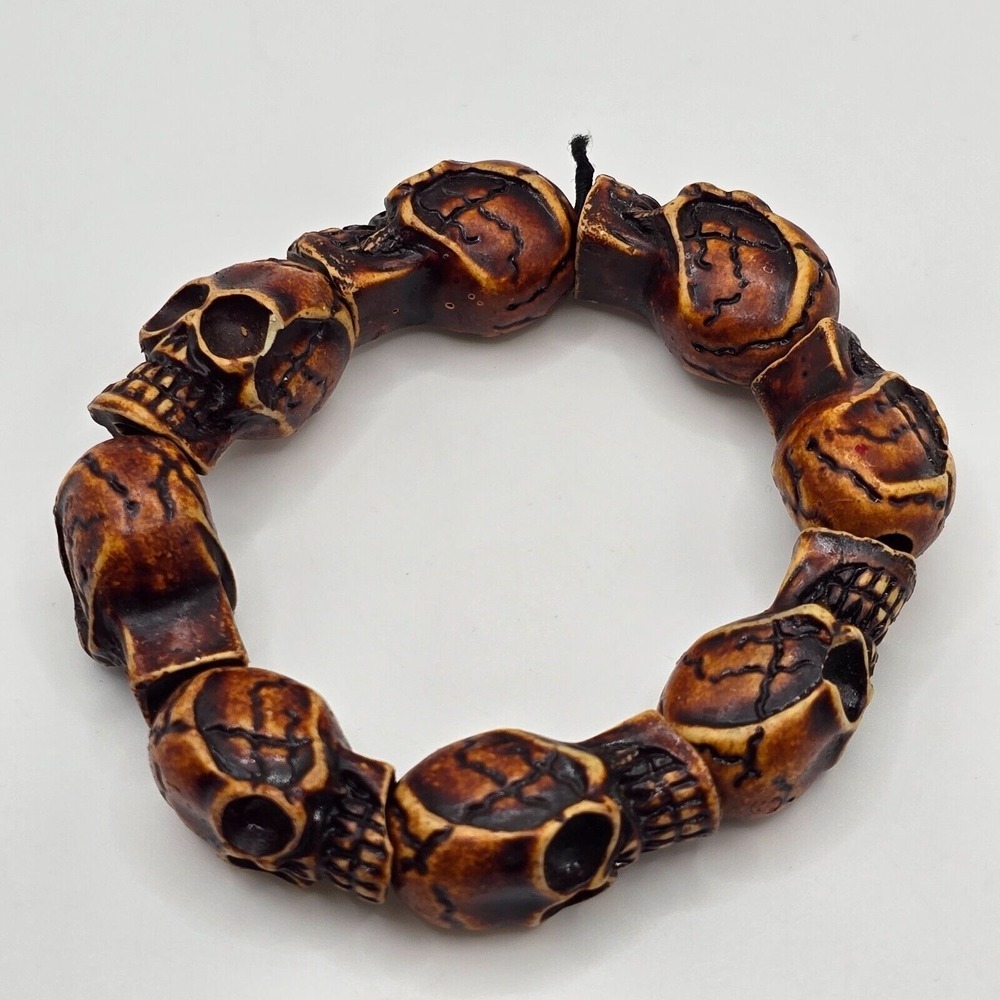 Skull Bead Bracelet Brown Resin Carved Stretch Goth Punk Biker Halloween‎ - Picture 2 of 8